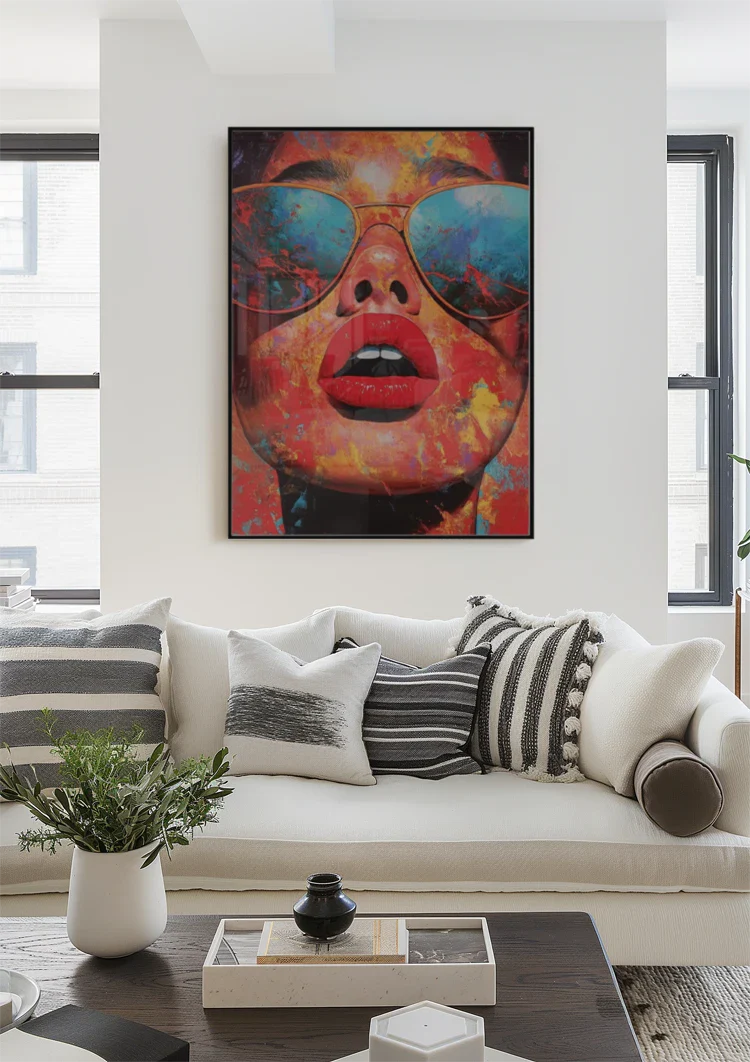 Woman Sunglasses Red Lips Colorful Paint Surreal Pop Art Painting