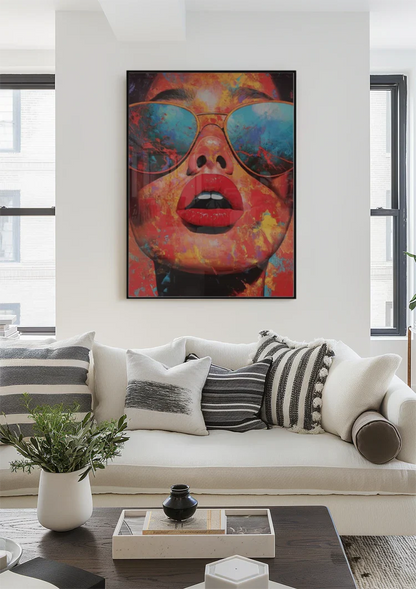 Woman Sunglasses Red Lips Colorful Paint Surreal Pop Art Painting