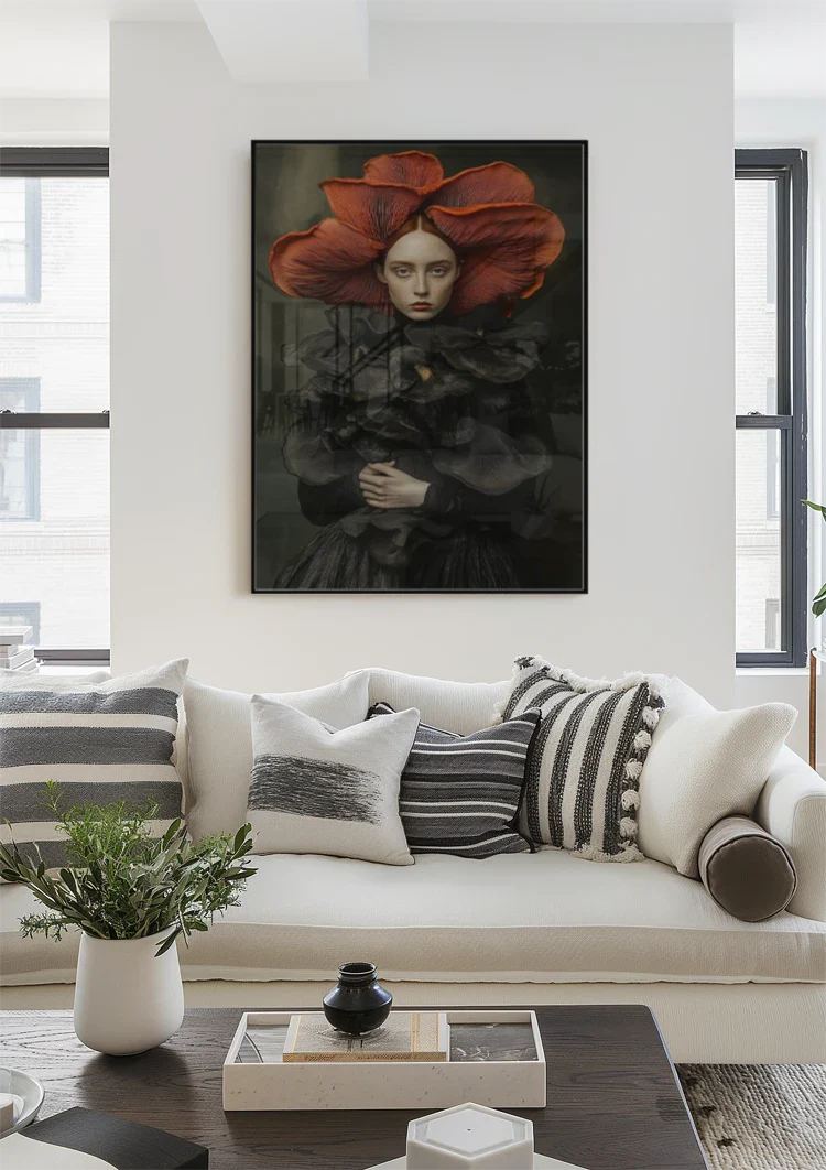 Woman Big Red Flower Hat Black Dress Surreal Portrait Painting