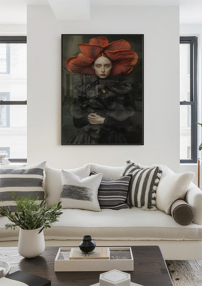 Woman Big Red Flower Hat Black Dress Surreal Portrait Painting