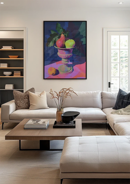 Neon Still Life with Pear and Apple in Classic Vase Painting