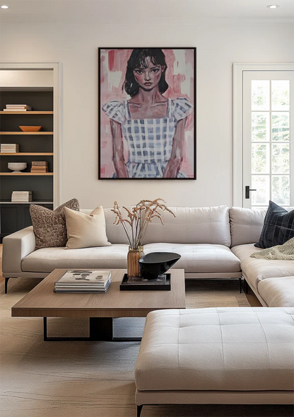 Girl in Blue Plaid Dress Pink Background Portrait Painting