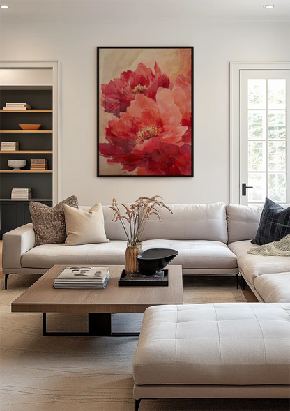 Red Peonies Warm Gold Background Floral Painting