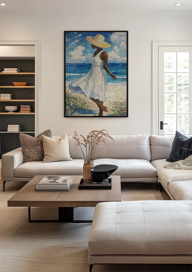 Woman White Dress Straw Hat Beach Blue Sea Abstract Painting