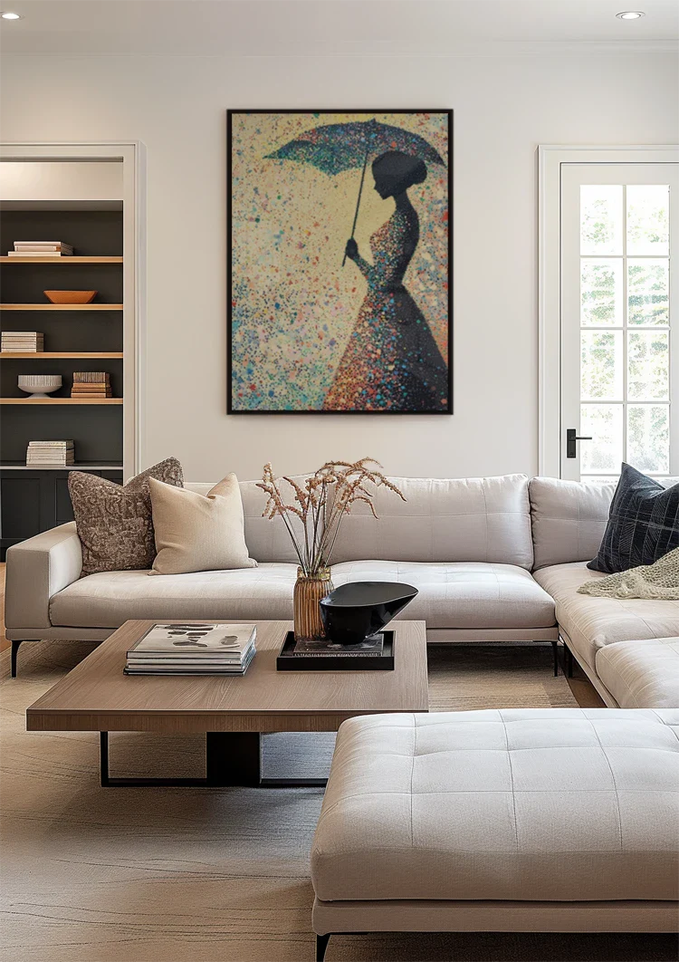 Woman with Umbrella Colorful Raindrops Silhouette Painting