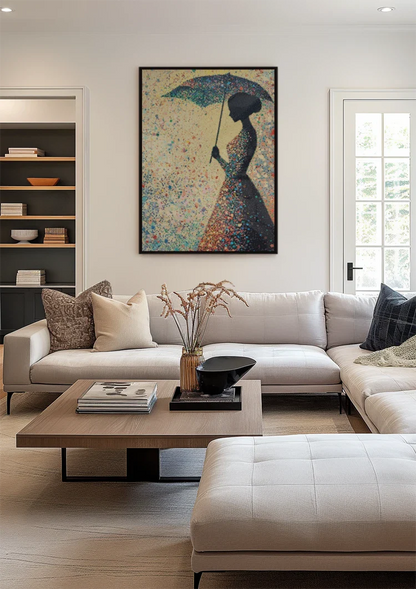 Woman with Umbrella Colorful Raindrops Silhouette Painting