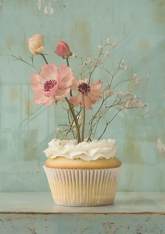 Cupcake canvas schilderij aan de muur boven het bed in de slaapkamer