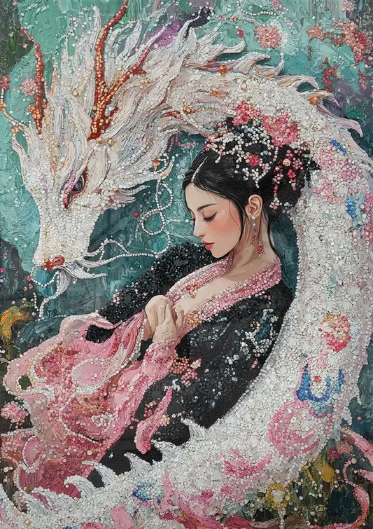 Japanse vrouw met witte draak canvas schilderij aan de muur boven het bed in de slaapkamer