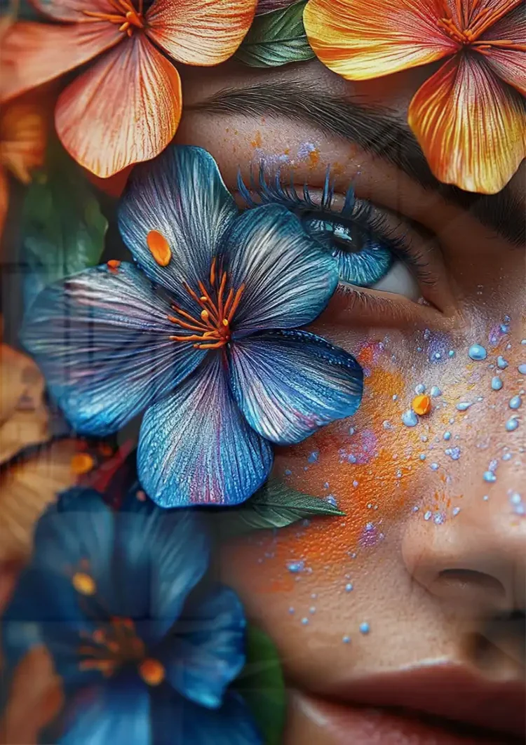 Exotic Female Portrait with Colorful Tropical Flowers Painting