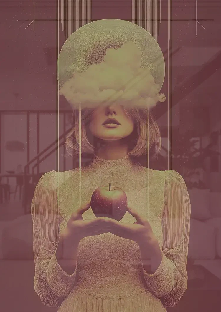 Surrealist Female Portrait With Cloud And Red Apple Vintage Painting