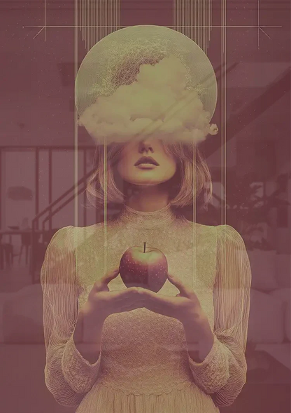 Surrealist Female Portrait With Cloud And Red Apple Vintage Painting