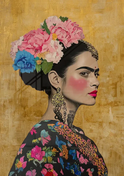 Woman Portrait Side Profile With Colorful Flowers Golden Background Painting