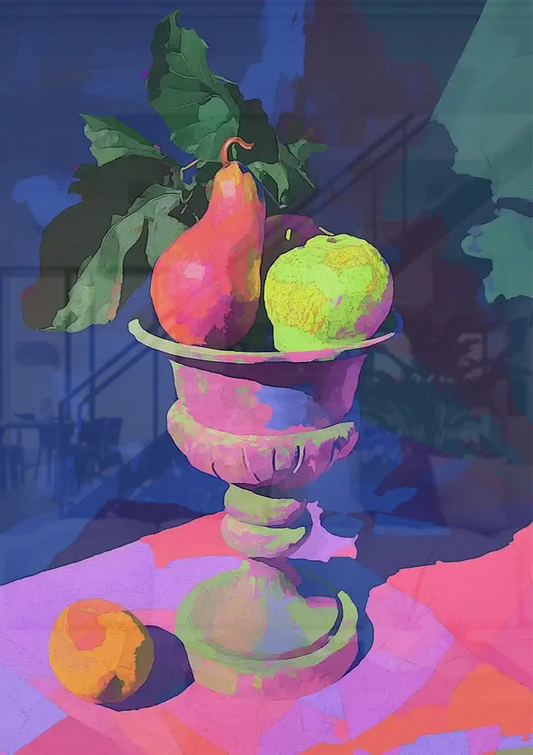 Fruitstilleven canvas schilderij aan de muur boven het bed in de slaapkamer