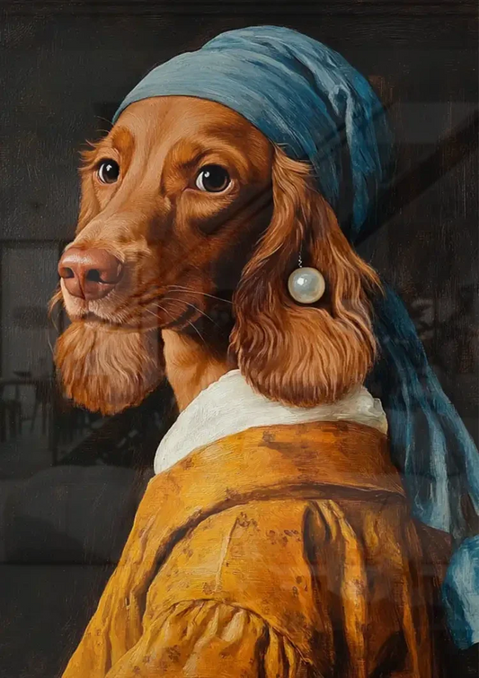 Hond met een parel canvas schilderij aan de muur boven het bed in de slaapkamer