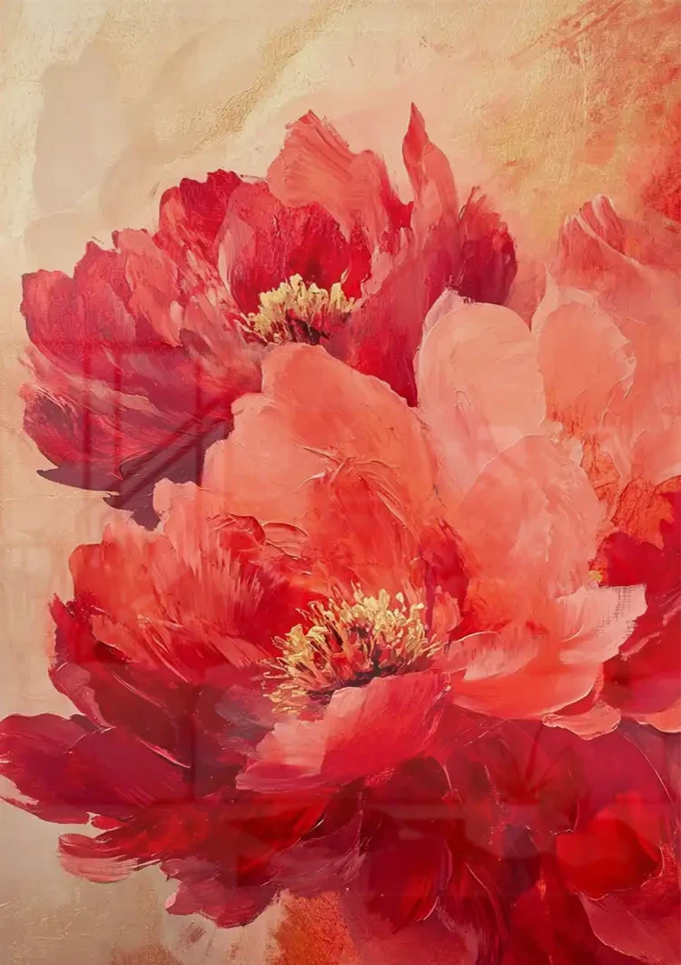 Red Peonies Warm Gold Background Floral Painting