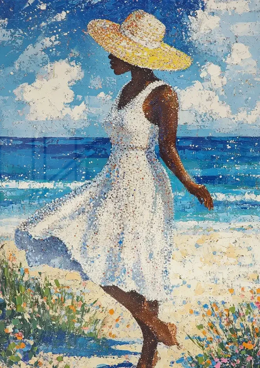 Vrouw Witte Jurk Strohoed Strand Blauwe Zee Abstract Canvas Schilderij