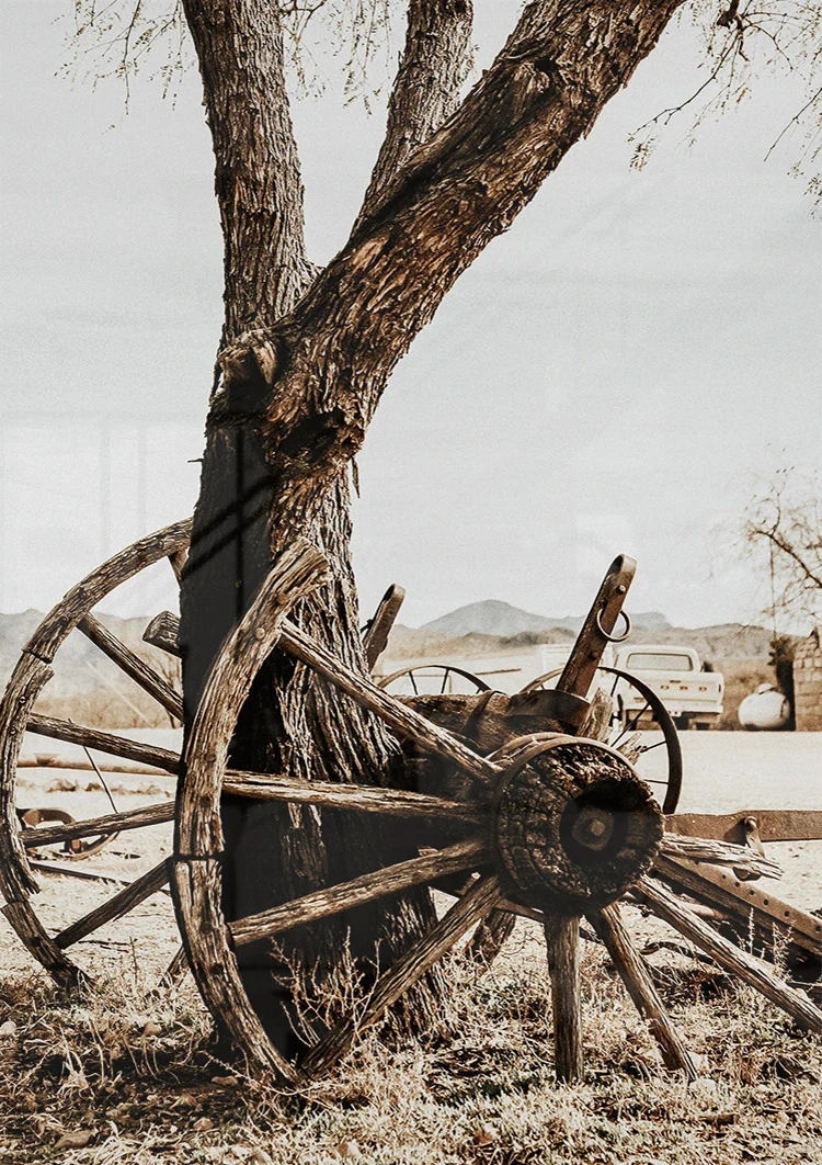 Old Wooden Wagon Wheel Tree Desert Vintage Rustic Painting