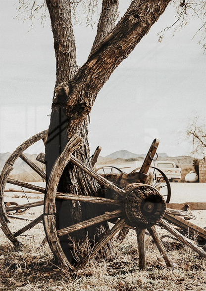 Old Wooden Wagon Wheel Tree Desert Vintage Rustic Painting