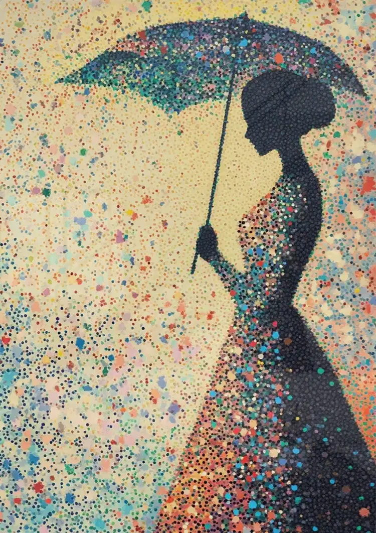Woman with Umbrella Colorful Raindrops Silhouette Painting
