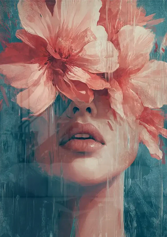 Frau mit rosa Blumen Leinwandbild an der Wand über dem Bett im Schlafzimmer