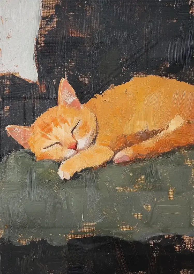 Schlafende orange Katze Dunkler Hintergrund Expressives Gemälde