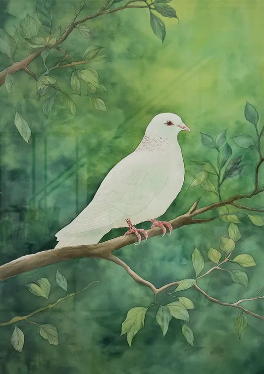 Witte duif canvas schilderij aan de muur boven het bed in de slaapkamer