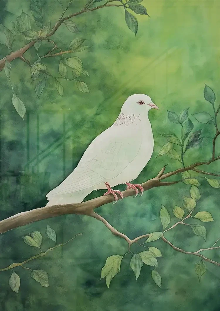 Witte Duif op Tak Groene Bladeren Vredig Natuur Schilderij