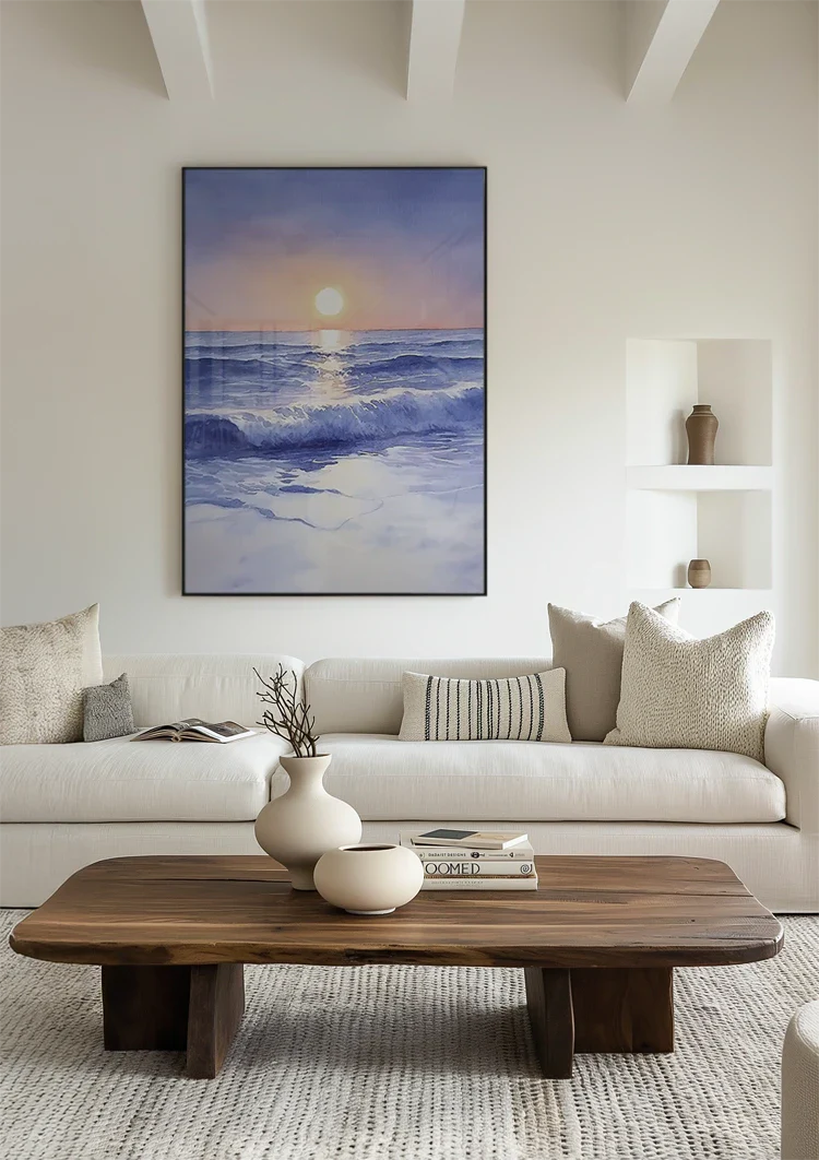 Aquarell Strand mit Wellen bei Sonnenuntergang Zarte Pastelltöne Gemälde