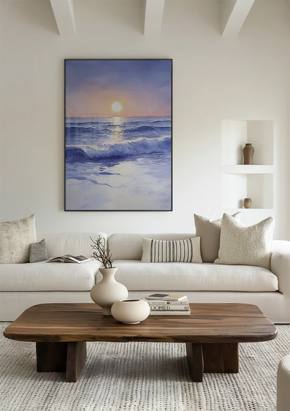 Aquarell Strand mit Wellen bei Sonnenuntergang Zarte Pastelltöne Gemälde