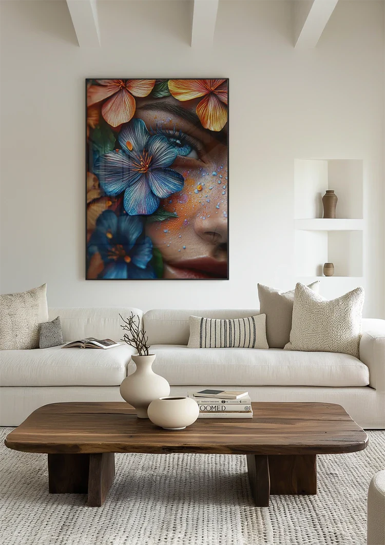 Exotic Female Portrait with Colorful Tropical Flowers Painting