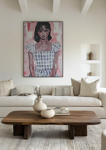 Girl in Blue Plaid Dress Pink Background Portrait Painting