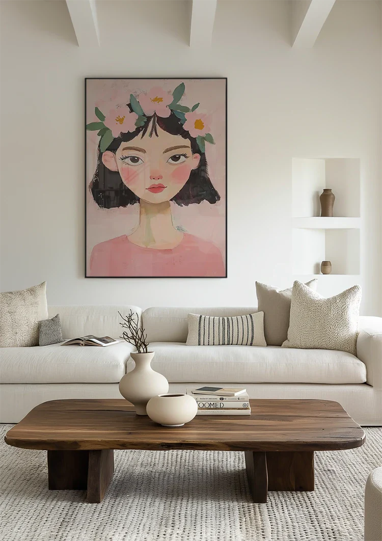 Girl with Flowers in Her Hair Pink Background Portrait Painting