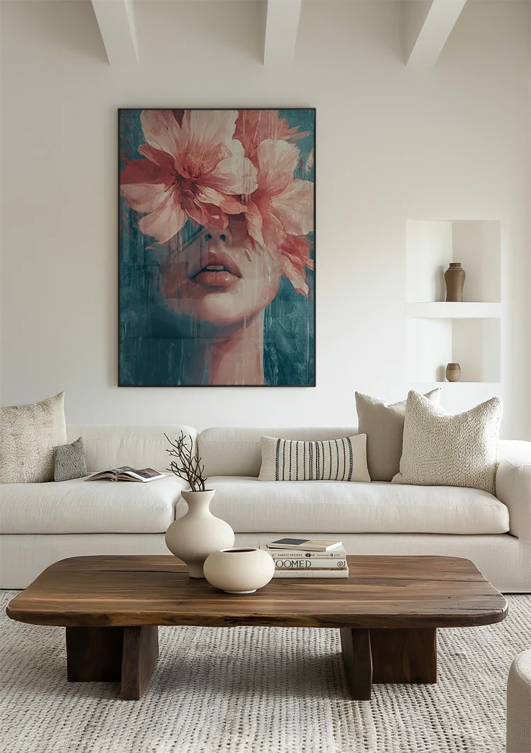 Woman with Pink Flowers Turquoise Background Portrait Painting