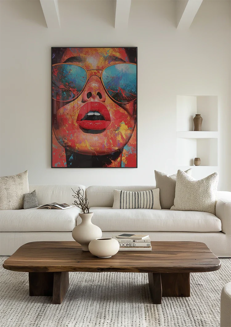 Woman Sunglasses Red Lips Colorful Paint Surreal Pop Art Painting