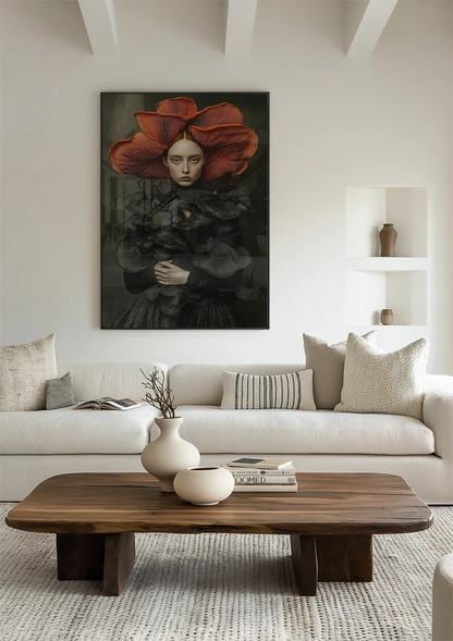 Woman Big Red Flower Hat Black Dress Surreal Portrait Painting