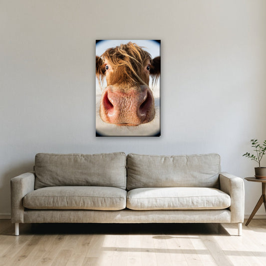 Nieuwsgierige hooglander close-up canvas schilderij aan de muur boven de bank in de woonkamer