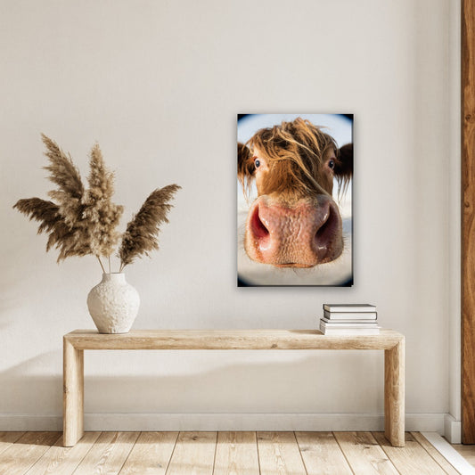 Nieuwsgierige hooglander close-up canvas schilderij aan de muur in de hal boven een houten bank