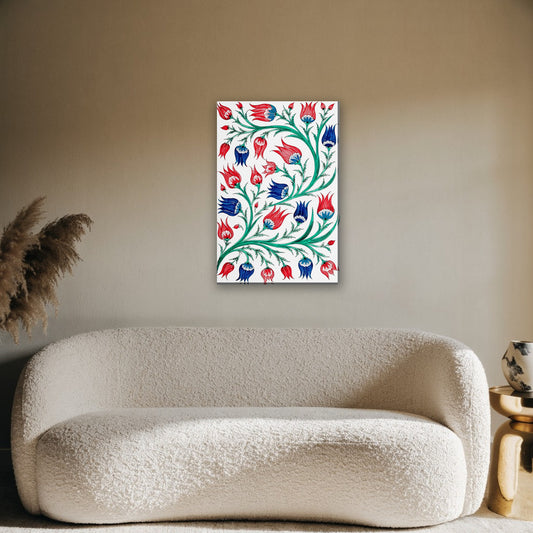 Ottomaanse tulpen canvas schilderij aan de muur boven de bank in de woonkamer