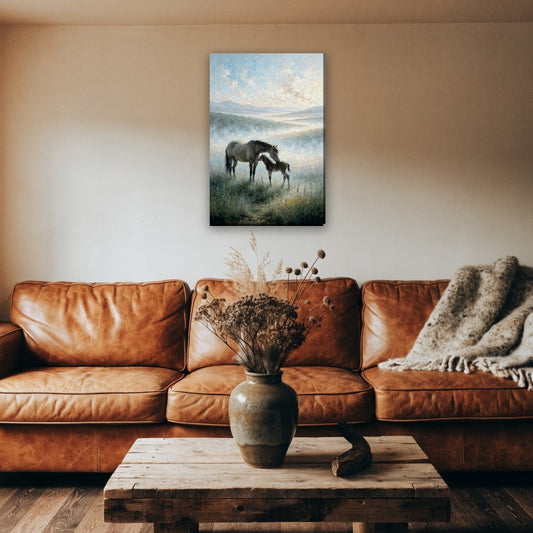 Paard en veulen in ochtendmist canvas schilderij aan de muur boven de bank in een landelijke woonkamer