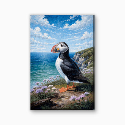Papegaaiduiker aan de kust canvas schilderij in oranje en zeeblauw