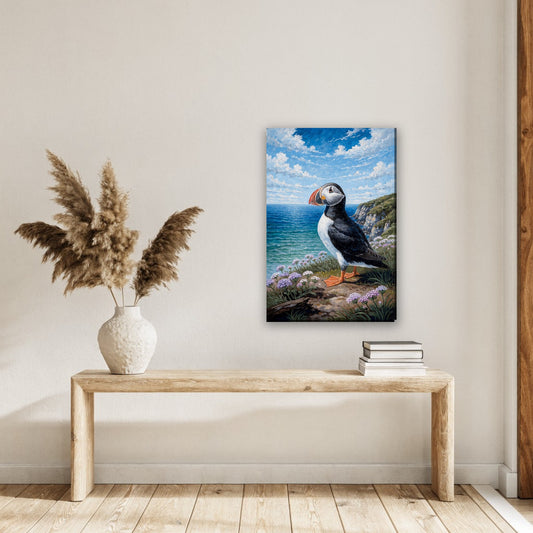 Papegaaiduiker aan de kust canvas schilderij aan de muur in de hal boven een houten bank