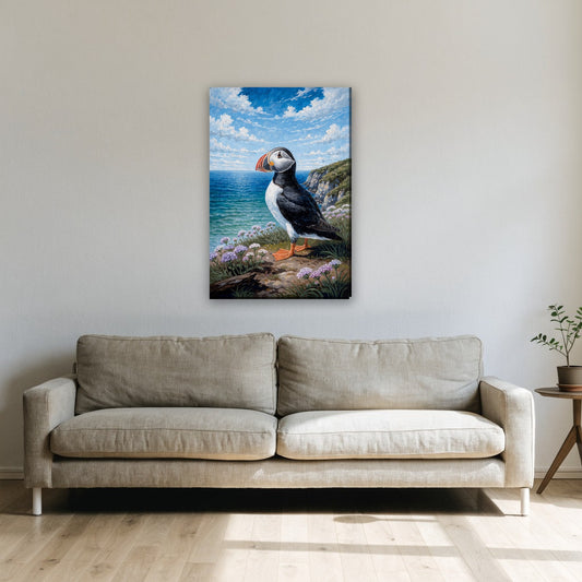 Papegaaiduiker aan de kust canvas schilderij aan de muur boven de bank in de woonkamer