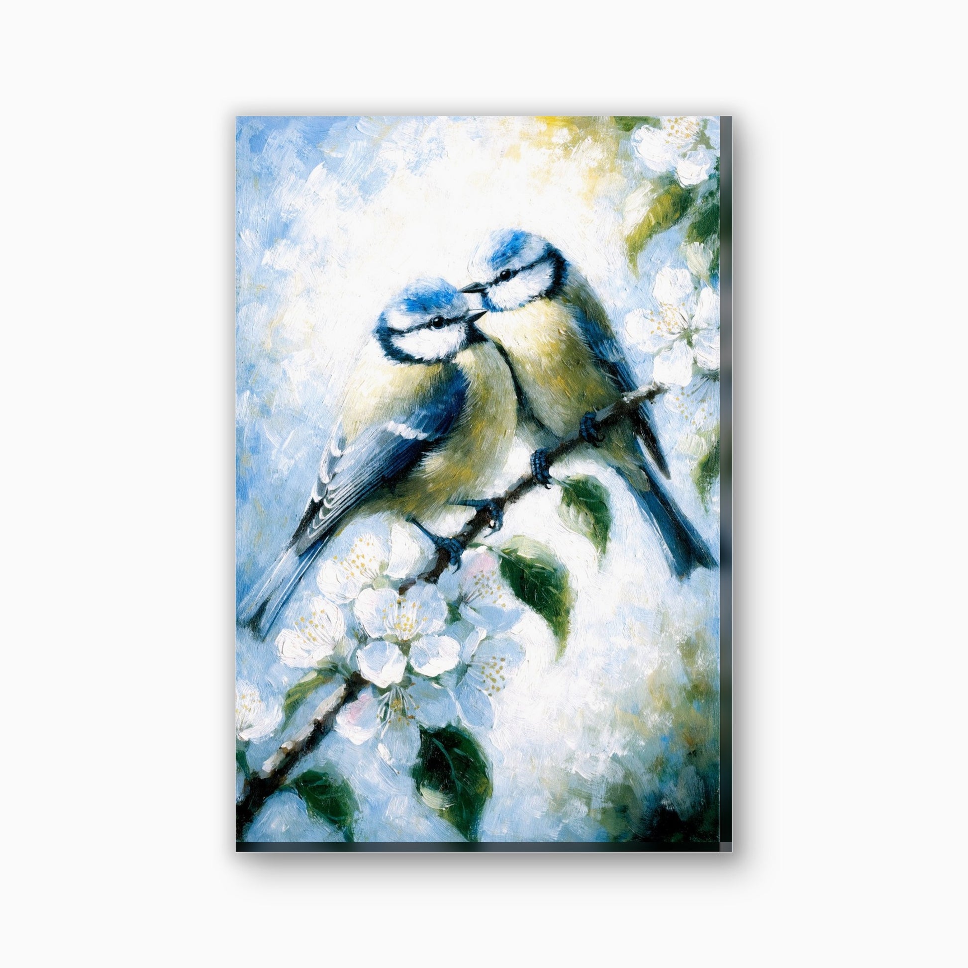 Pimpelmezen op bloesemtak canvas schilderij in blauw en geel