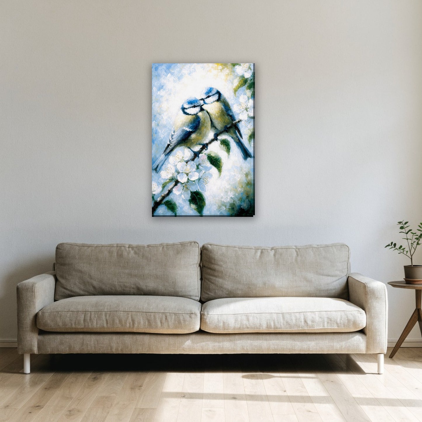 Pimpelmezen op bloesemtak canvas schilderij aan de muur boven de bank in de woonkamer