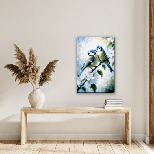 Pimpelmezen op bloesemtak canvas schilderij aan de muur in de hal boven een houten bank