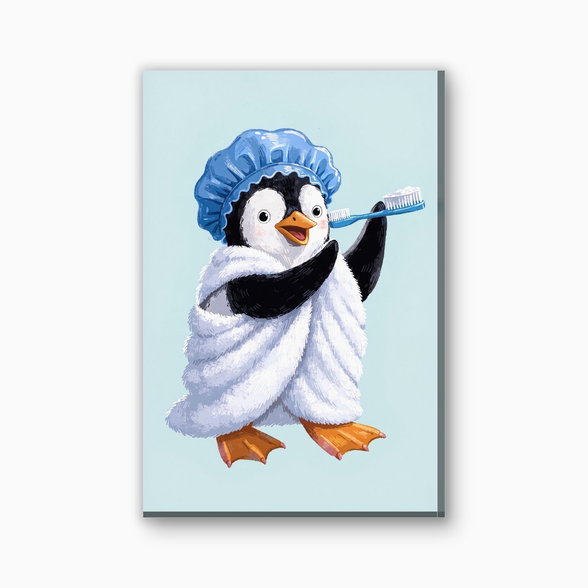 Pinguin met handdoek canvas schilderij in aquablauw en wit