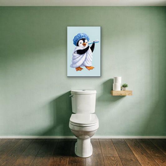 Pinguin met handdoek canvas schilderij aan de muur boven het toilet