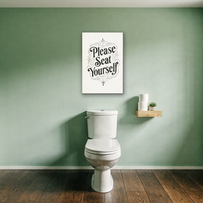 Please Seat Yourself bordje canvas schilderij aan de muur boven het toilet