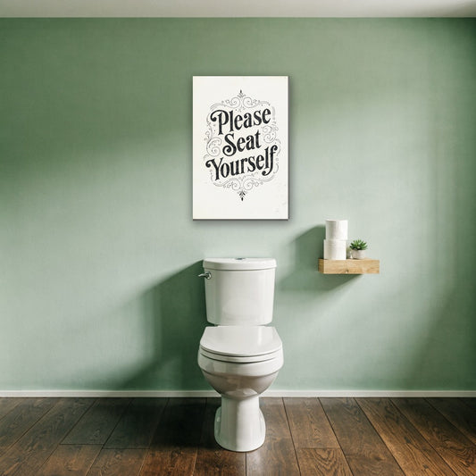 Please Seat Yourself bordje canvas schilderij aan de muur boven het toilet