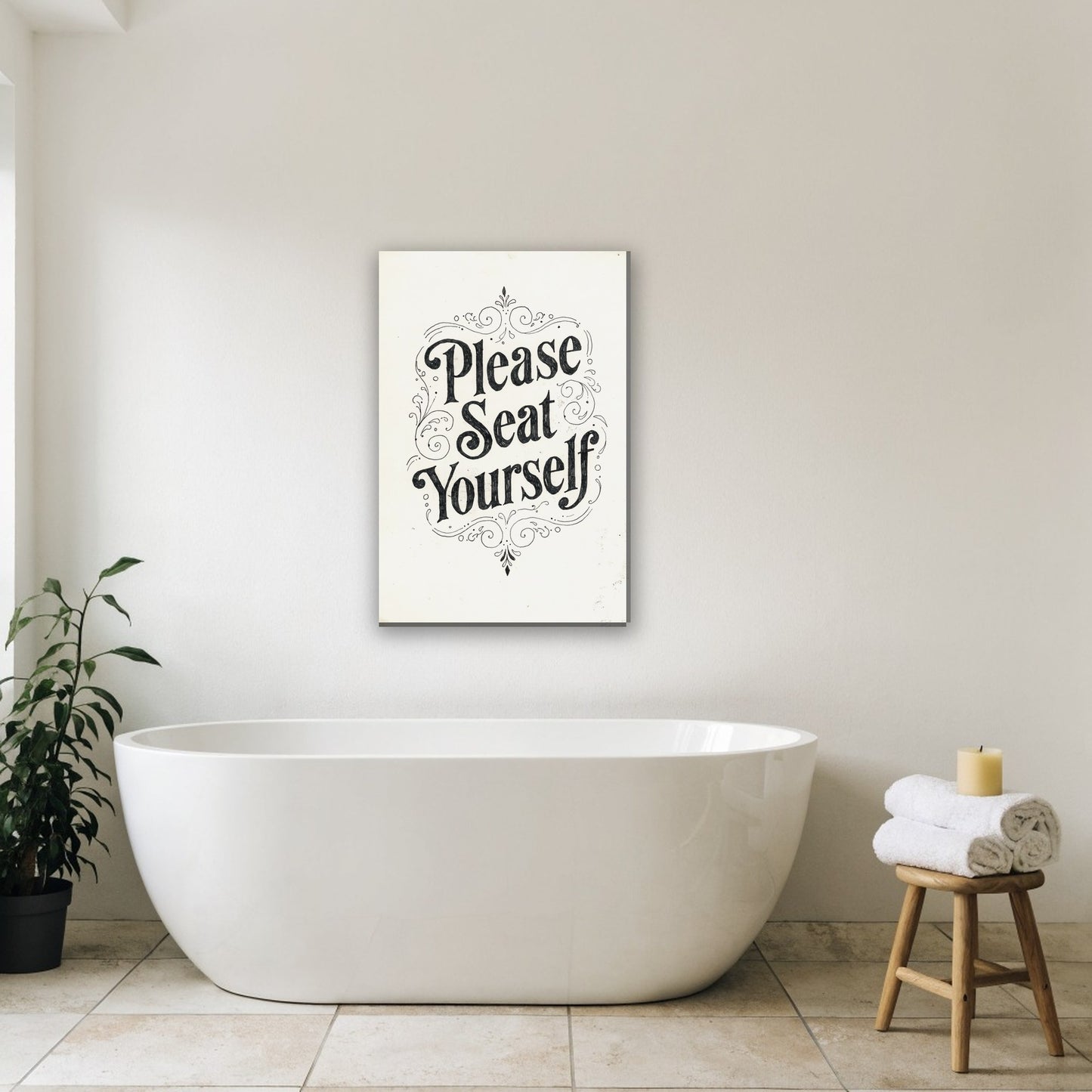 Please Seat Yourself bordje canvas schilderij aan de muur in de badkamer boven het bad